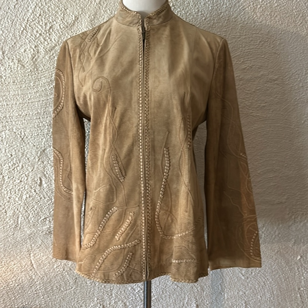 Chico’s 100% Leather Tan Brown Suede Southwestern Embroidered Full Zip Jacket